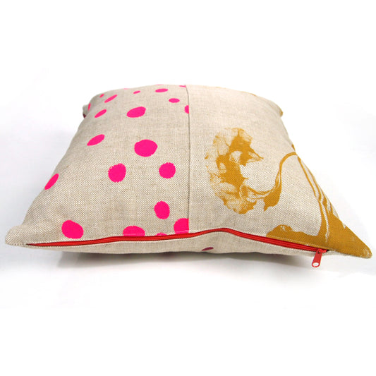 1/2 + 1/2 Ochre Yellow Beets / Hot Pink Polka Dot Basketweave Heavy Linen Throws Pillow