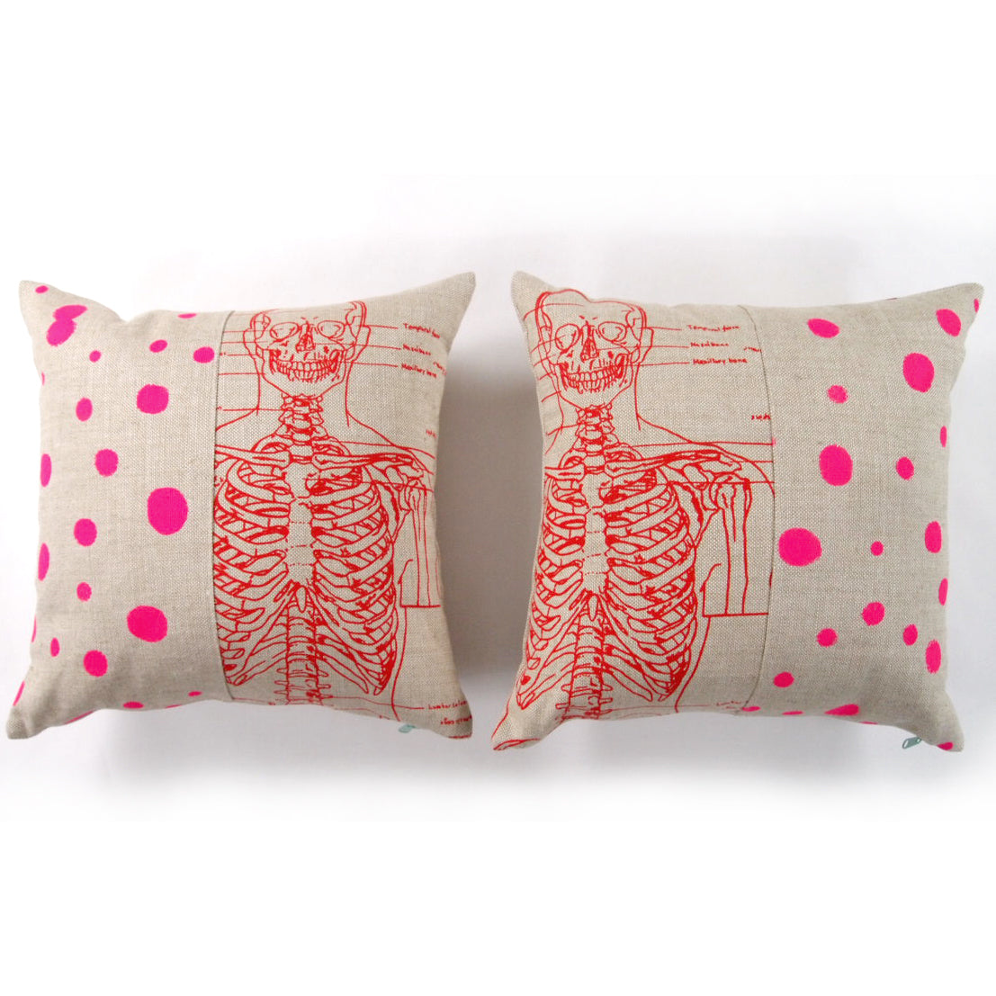 1/2 + 1/2 Hot Pink Polka Dot / Red Skeleton Basketweave Heavy Linen Throws Pillows