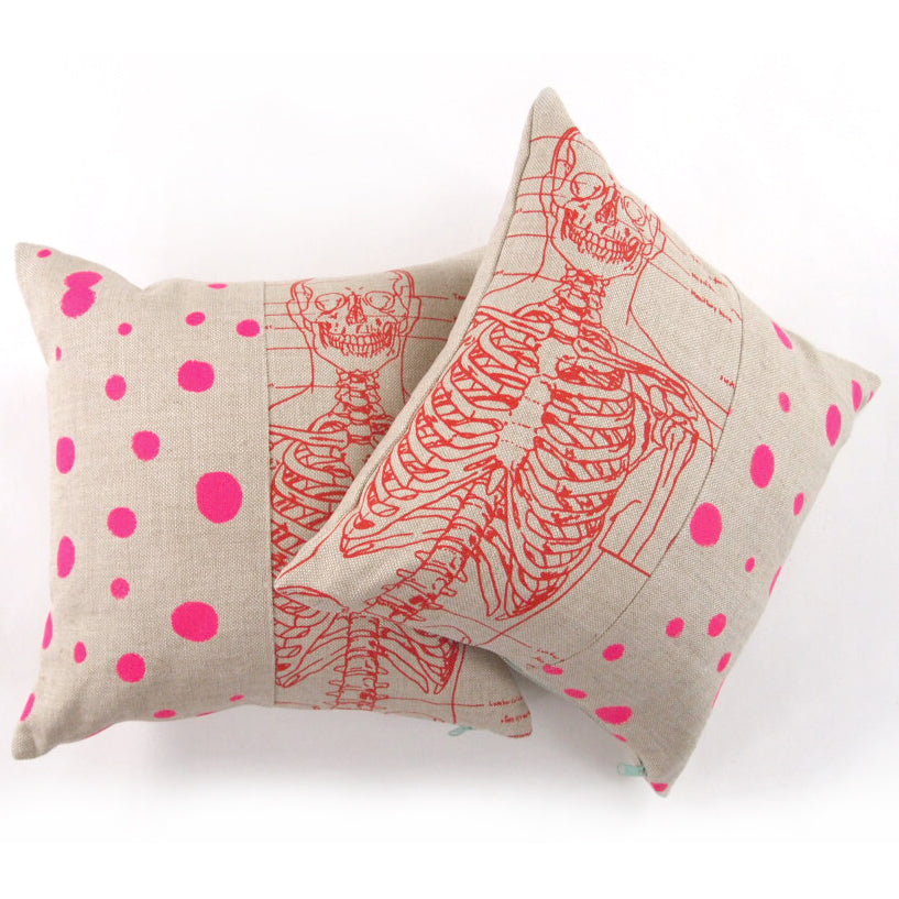 1/2 + 1/2 Hot Pink Polka Dot / Red Skeleton Basketweave Heavy Linen Throws Pillows