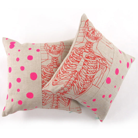 1/2 + 1/2 Hot Pink Polka Dot / Red Skeleton Basketweave Heavy Linen Throws Pillows