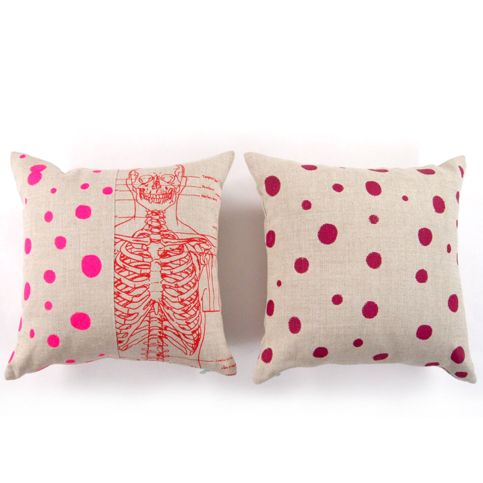 1/2 + 1/2 Hot Pink Polka Dot / Red Skeleton Basketweave Heavy Linen Throws Pillows
