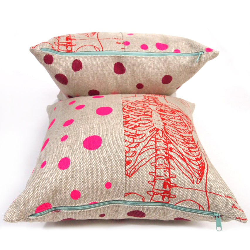 1/2 + 1/2 Hot Pink Polka Dot / Red Skeleton Basketweave Heavy Linen Throws Pillows