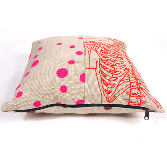 1/2 + 1/2 Hot Pink Polka Dot / Red Skeleton Basketweave Heavy Linen Throws Pillow