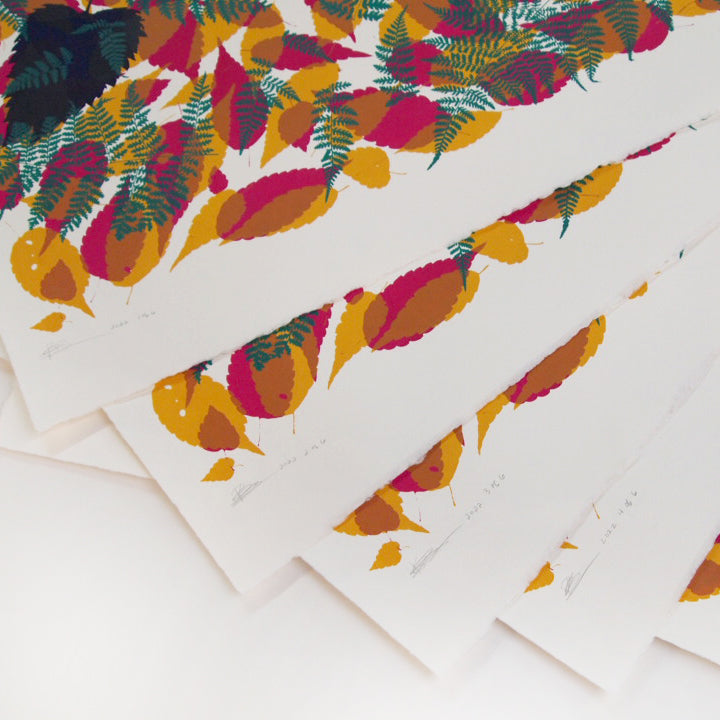 Fallen Leaves Screenprint  (navy on top) on Paper 20" x 30"