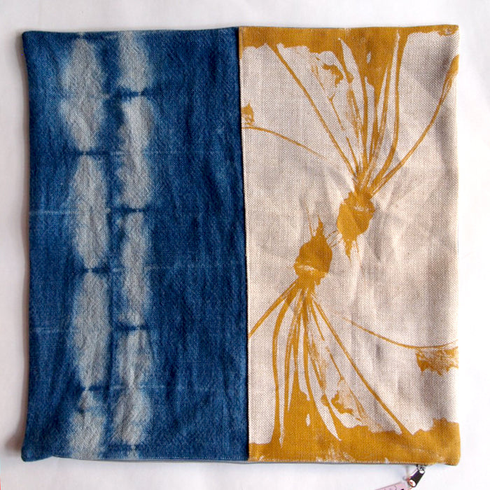 1/2 + 1/2 Mustard Yellow Beets / Indigo Basketweave Heavy Linen Throws Pillow