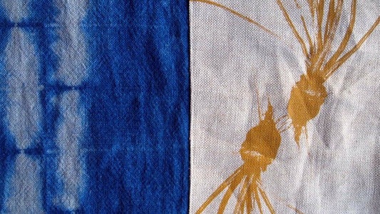 1/2 + 1/2 Mustard Yellow Beets / Indigo Basketweave Heavy Linen Throws Pillow