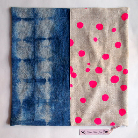 1/2 + 1/2 Hot Pink Polka Dot / Indigo Basketweave Heavy Linen Throws Pillow