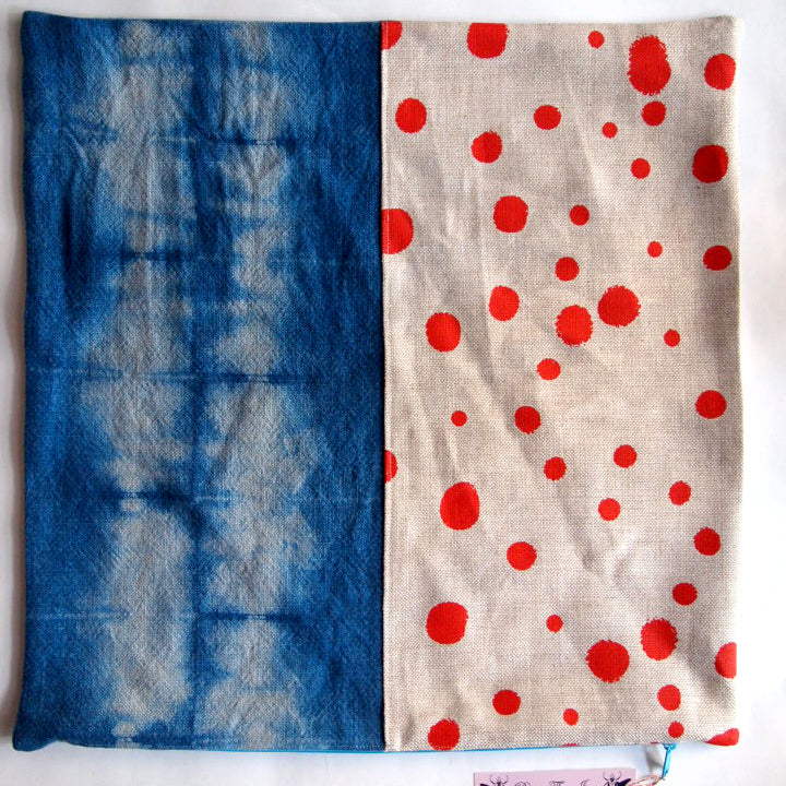1/2 + 1/2 Red Polka Dots / Indigo Basketweave Heavy Linen Throws Pillow