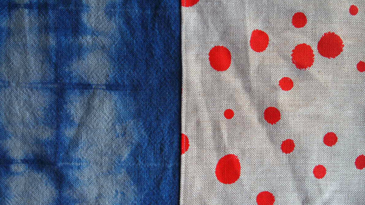 1/2 + 1/2 Red Polka Dots / Indigo Basketweave Heavy Linen Throws Pillow
