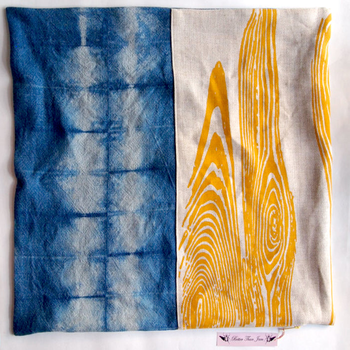 1/2 + 1/2 Mustard Yellow Wood Grain / Indigo Basketweave Heavy Linen Throws Pillow