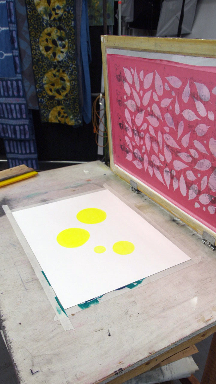 Metallic Silver Fern with Yellow and Turquoise Screenprint on Paper 18" x 24"