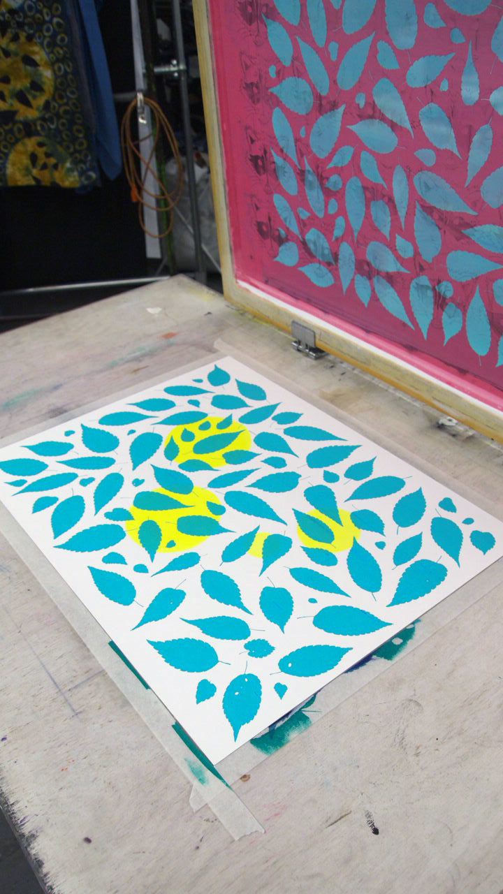 Metallic Silver Fern with Yellow and Turquoise Screenprint on Paper 18" x 24"