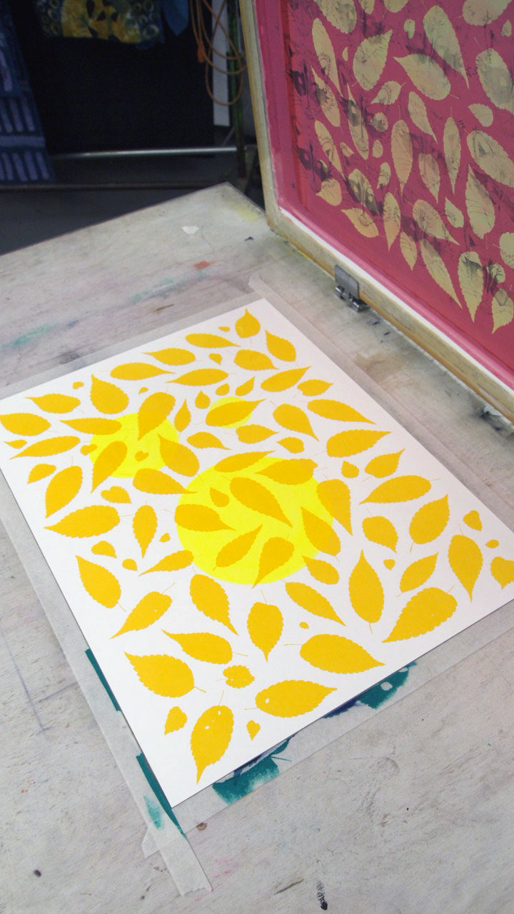 Metallic Gold Fern with Red and Yellow Screenprint on Paper 18" x 24"