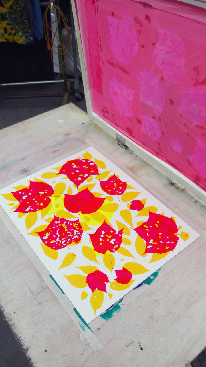 Metallic Gold Fern with Red and Yellow Screenprint on Paper 18" x 24"