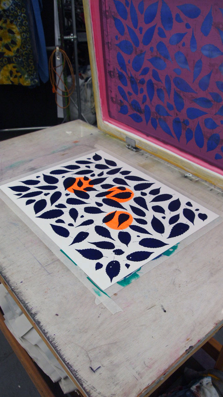 Metallic Silver Fern with Navy and Teal Screenprint on Paper
