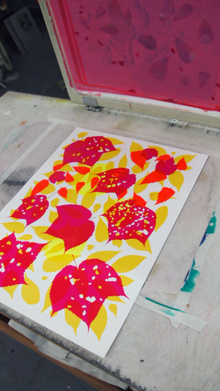 Metallic Gold Fern with Red and Yellow Screenprint on Paper 18" x 24"