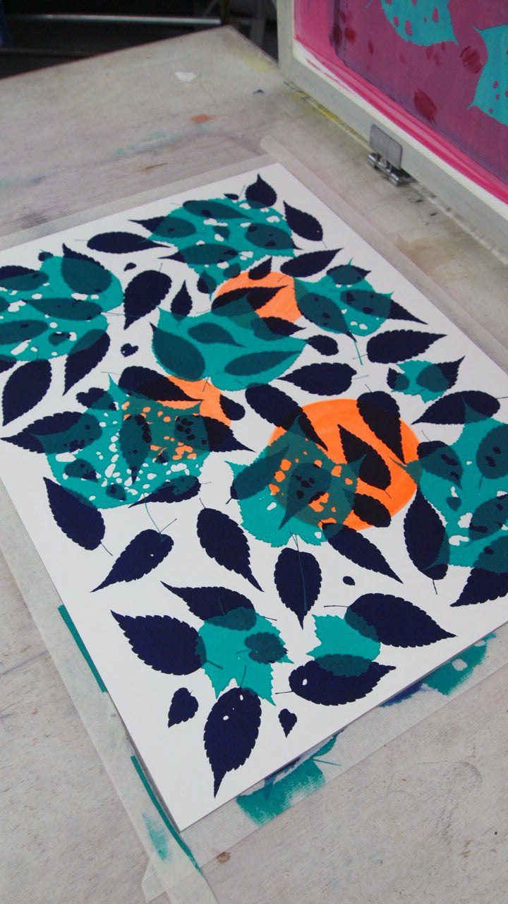 #2 Metallic Silver Fern with Navy and Teal Screenprint on Paper