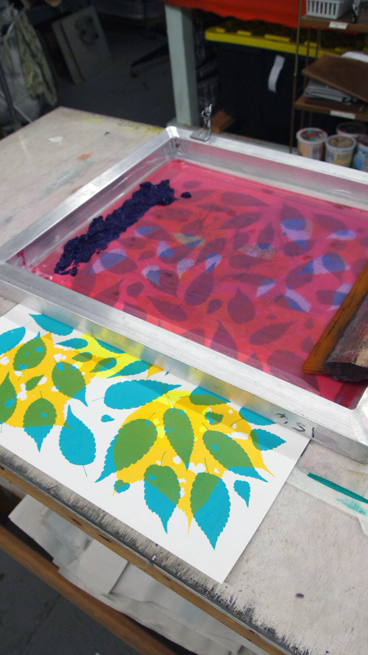 Metallic Silver Fern with Yellow and Turquoise Screenprint on Paper 18" x 24"