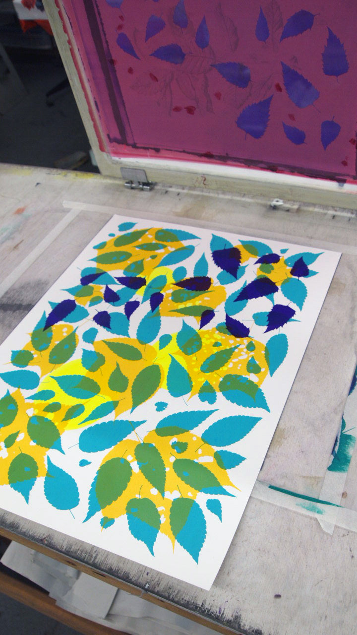 Metallic Silver Fern with Yellow and Turquoise Screenprint on Paper 18" x 24"