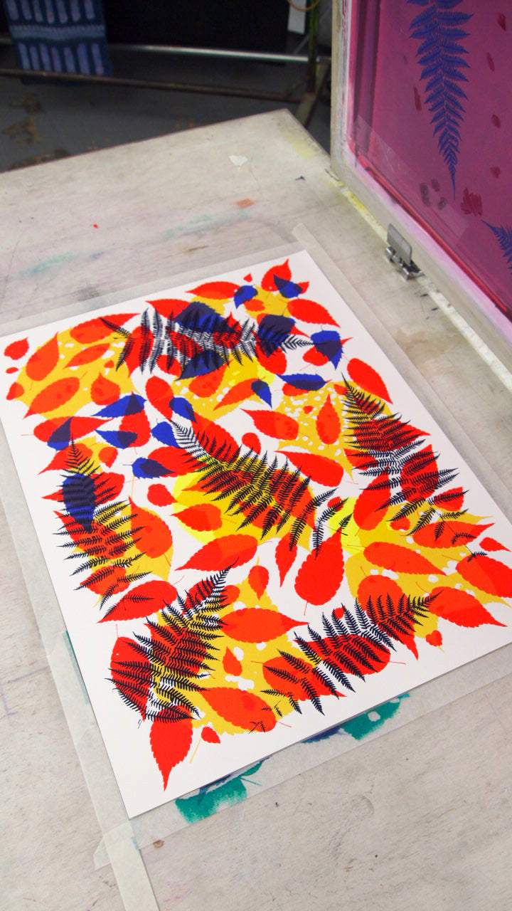 Navy Fern with Reds Screenprint on Paper 18" x 24"