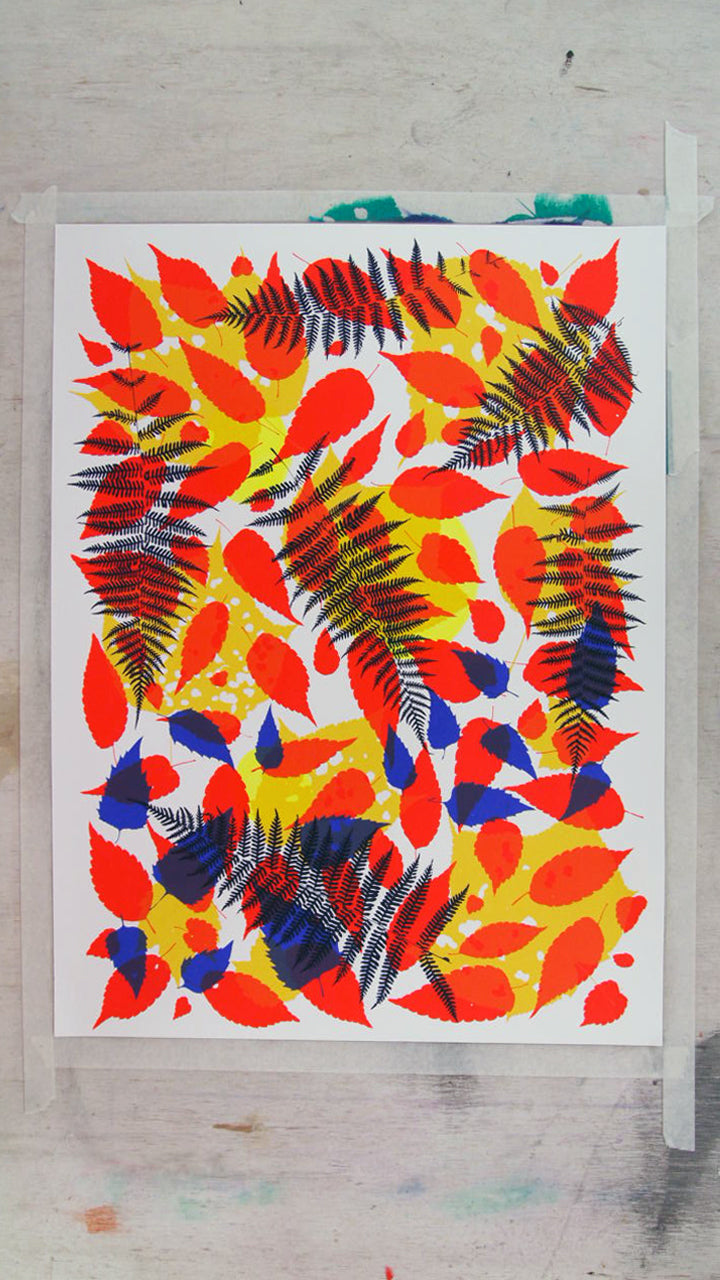 Navy Fern with Reds Screenprint on Paper 18" x 24"