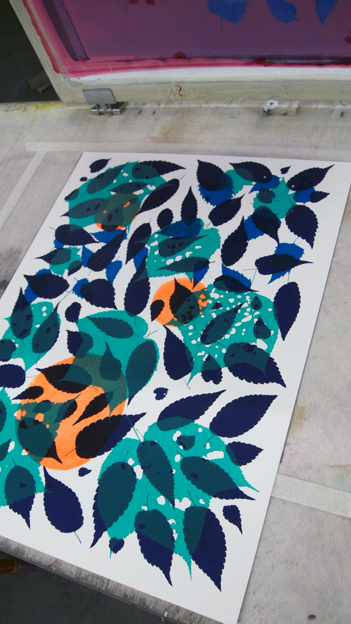 Metallic Silver Fern with Navy and Teal Screenprint on Paper