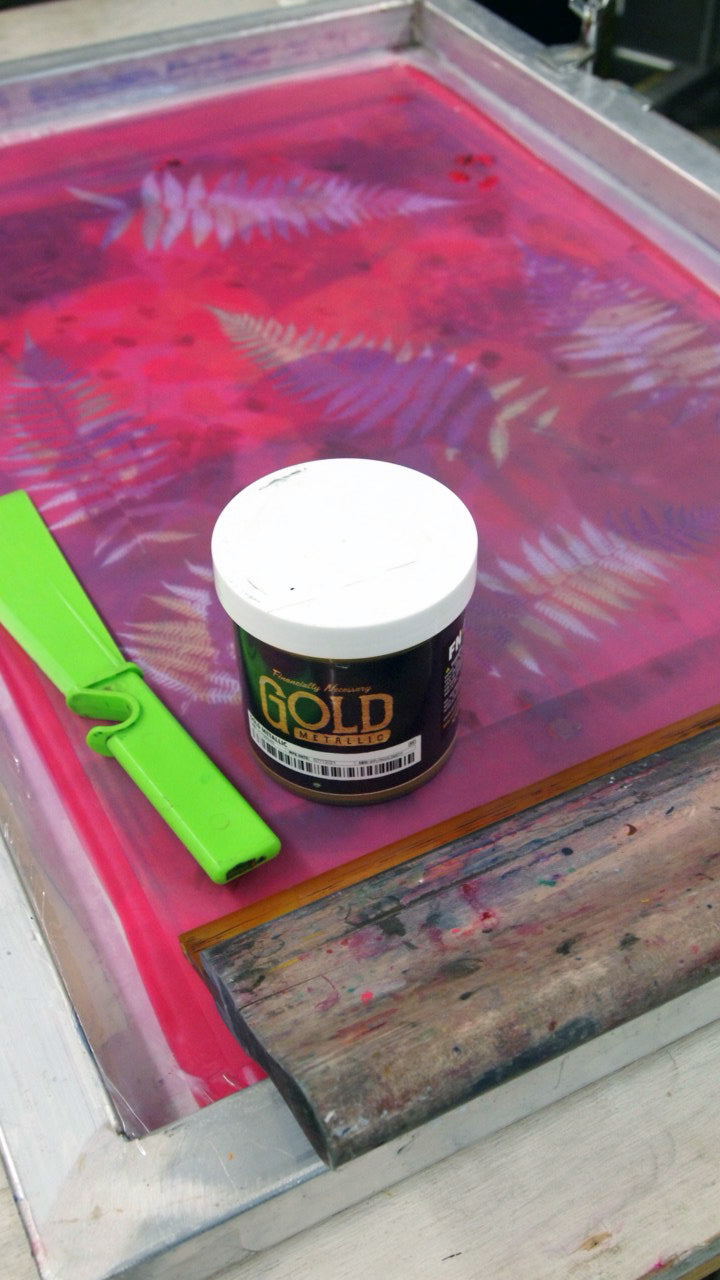 Metallic Gold Fern with Red and Yellow Screenprint on Paper 18" x 24"