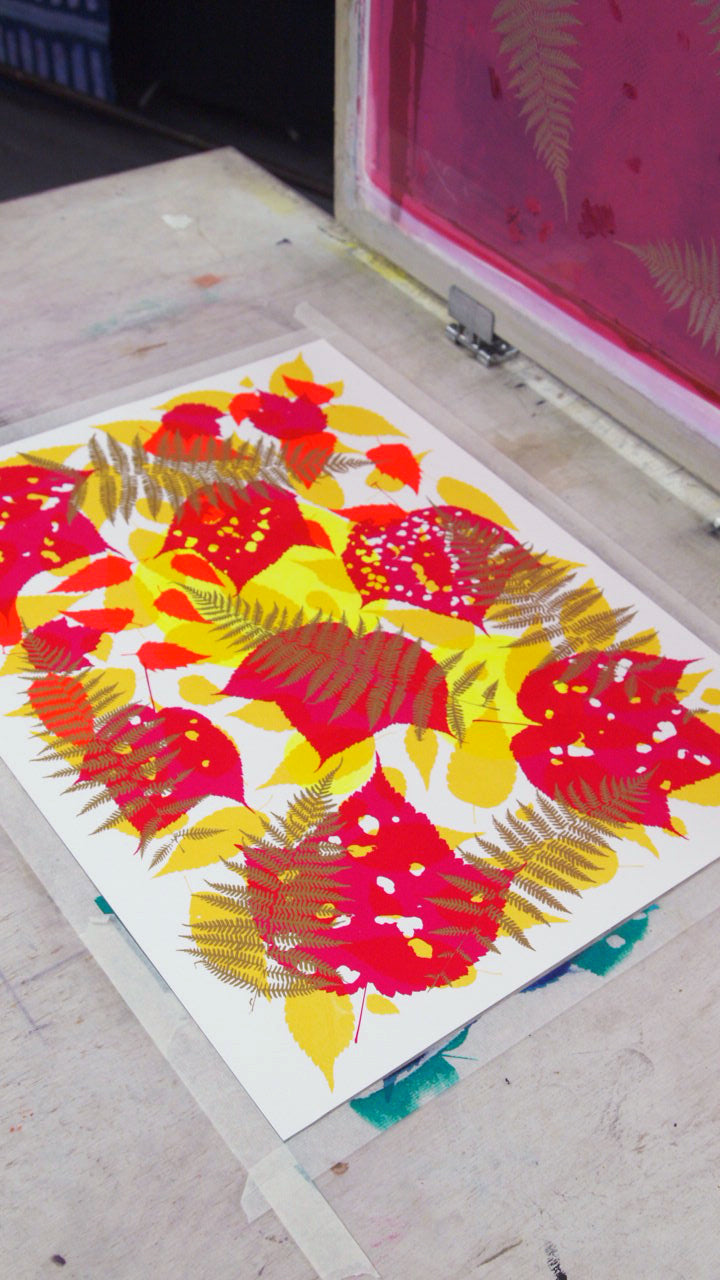 Metallic Gold Fern with Red and Yellow Screenprint on Paper 18" x 24"