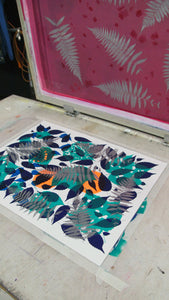 Metallic Silver Fern with Navy and Teal Screenprint on Paper