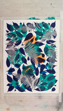 Load image into Gallery viewer, Metallic Silver Fern with Navy and Teal Screenprint on Paper