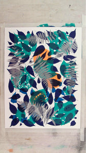 Metallic Silver Fern with Navy and Teal Screenprint on Paper