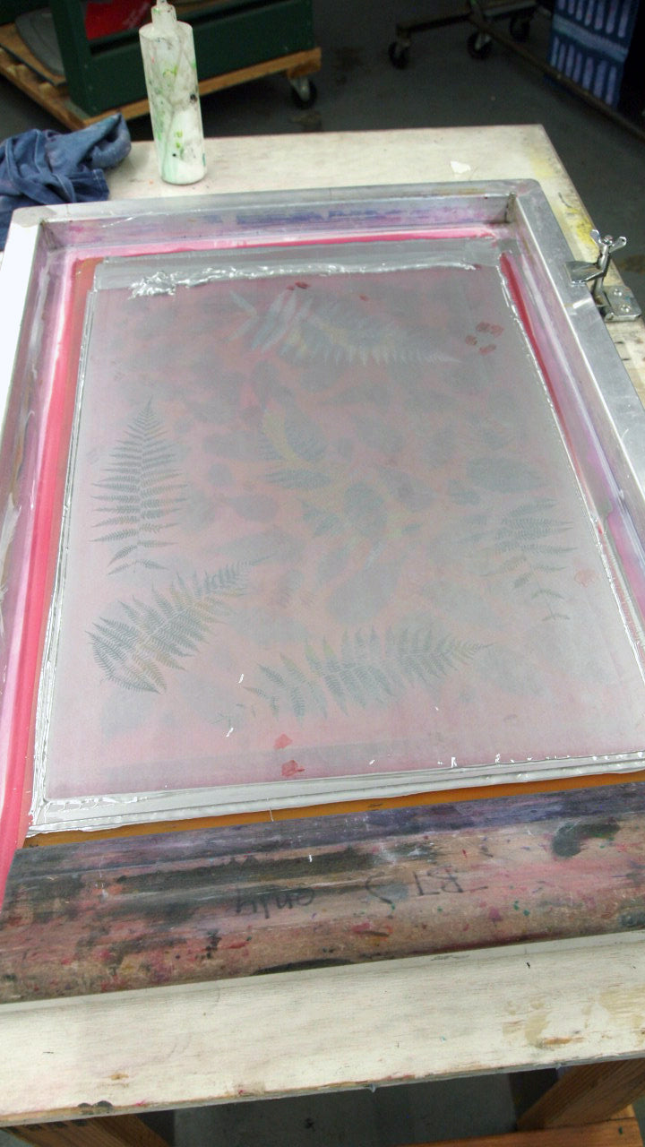 Metallic Silver Fern with Yellow and Turquoise Screenprint on Paper 18" x 24"