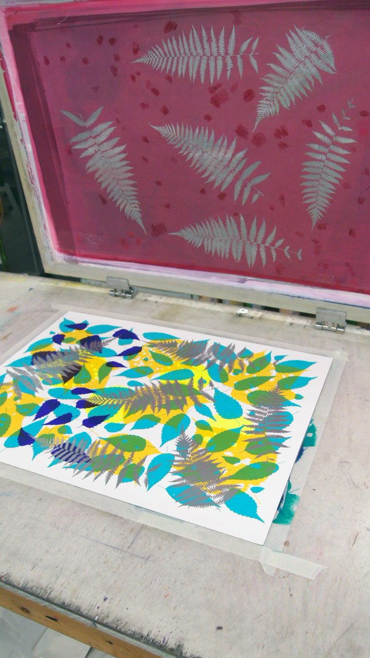 Metallic Silver Fern with Yellow and Turquoise Screenprint on Paper 18" x 24"