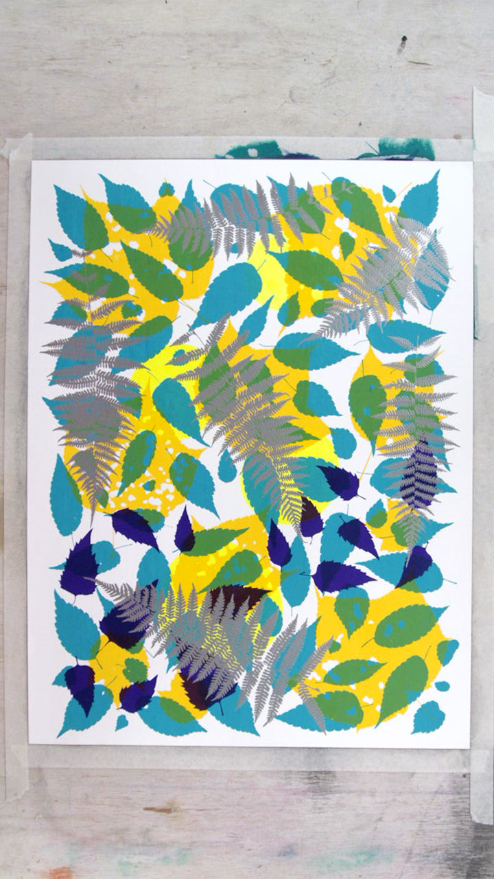 Metallic Silver Fern with Yellow and Turquoise Screenprint on Paper 18" x 24"