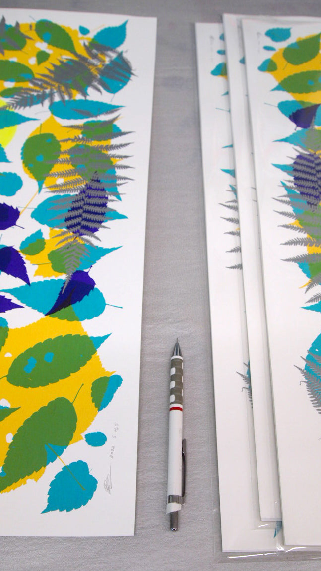 Metallic Silver Fern with Yellow and Turquoise Screenprint on Paper 18" x 24"