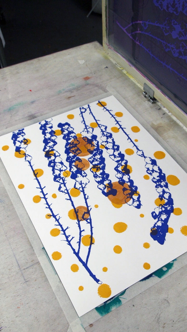 Red Goliath Beetles with Periwinkle Screenprint on Paper 18" x 24"
