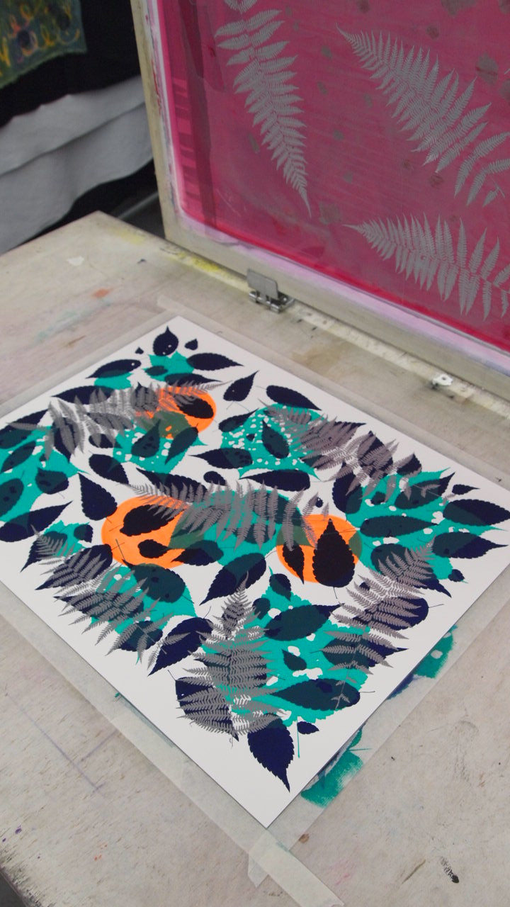 #2 Metallic Silver Fern with Navy and Teal Screenprint on Paper