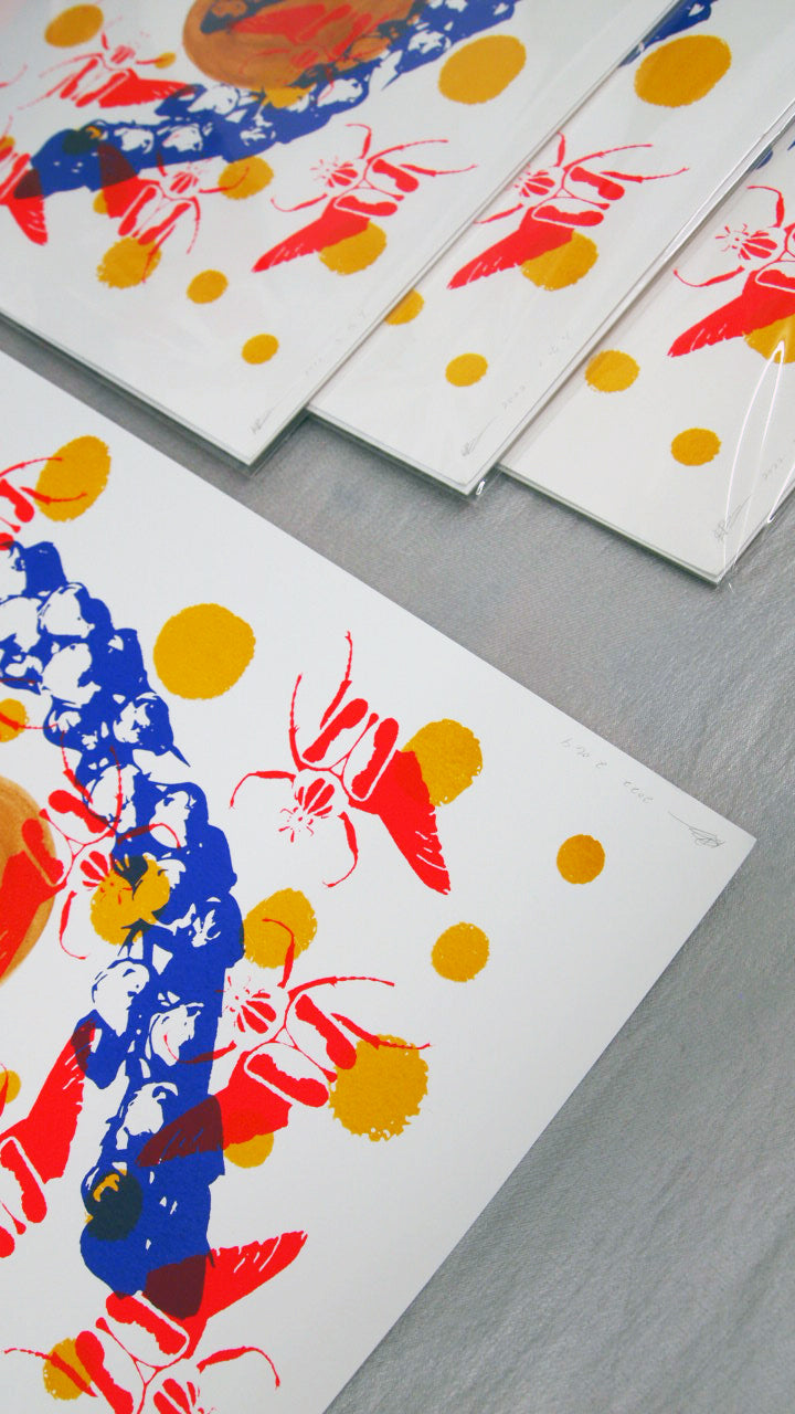 Red Goliath Beetles with Periwinkle Screenprint on Paper 18" x 24"