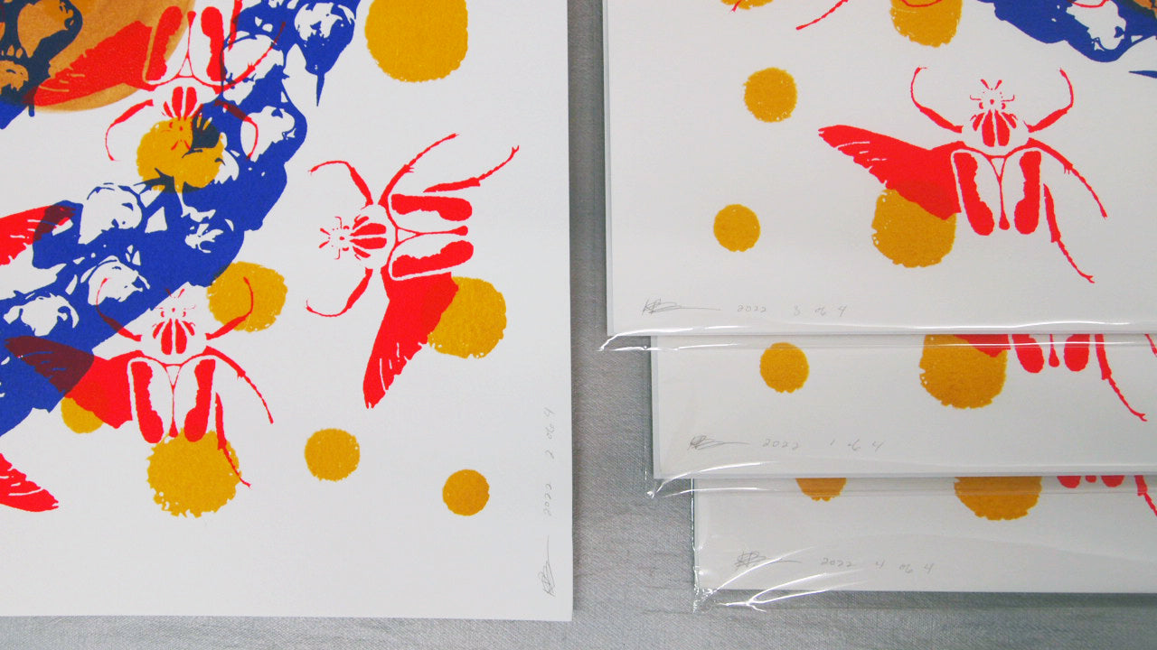 Red Goliath Beetles with Periwinkle Screenprint on Paper 18" x 24"