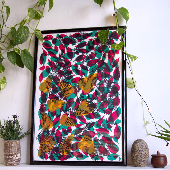 Fallen Leaves Screenprint  (navy on top) on Paper 20" x 30"