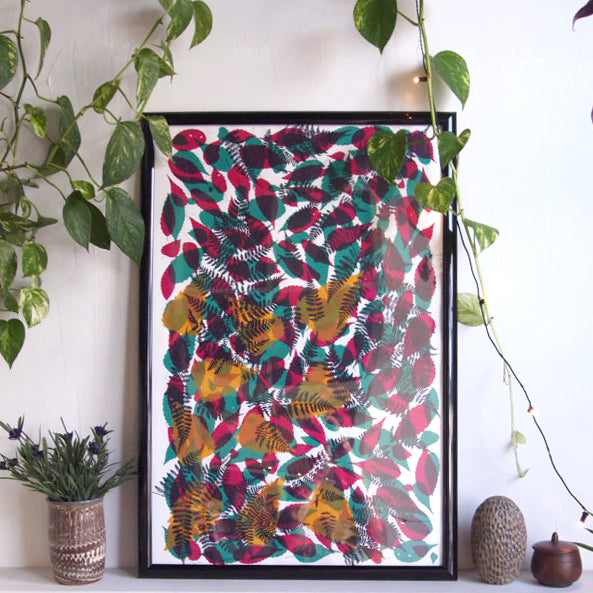 Fallen Leaves Screenprint  (teal on top) on Paper 20" x 30"