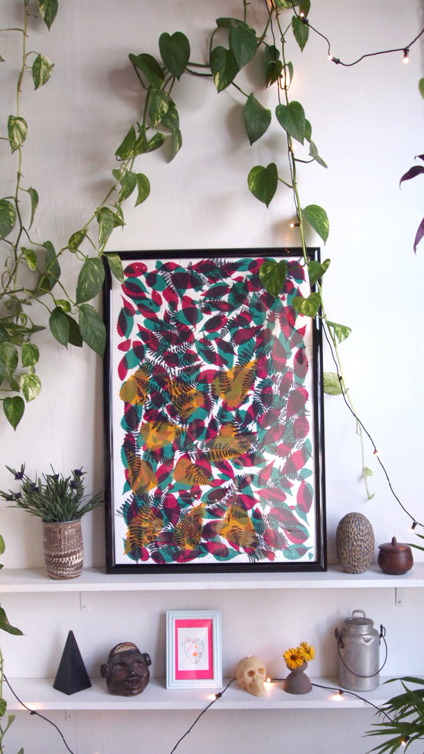 Fallen Leaves Screenprint  (navy on top) on Paper 20" x 30"