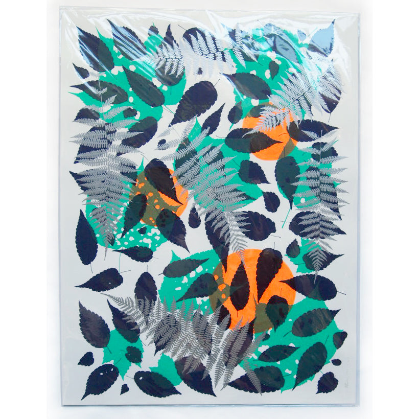 #2 Metallic Silver Fern with Navy and Teal Screenprint on Paper