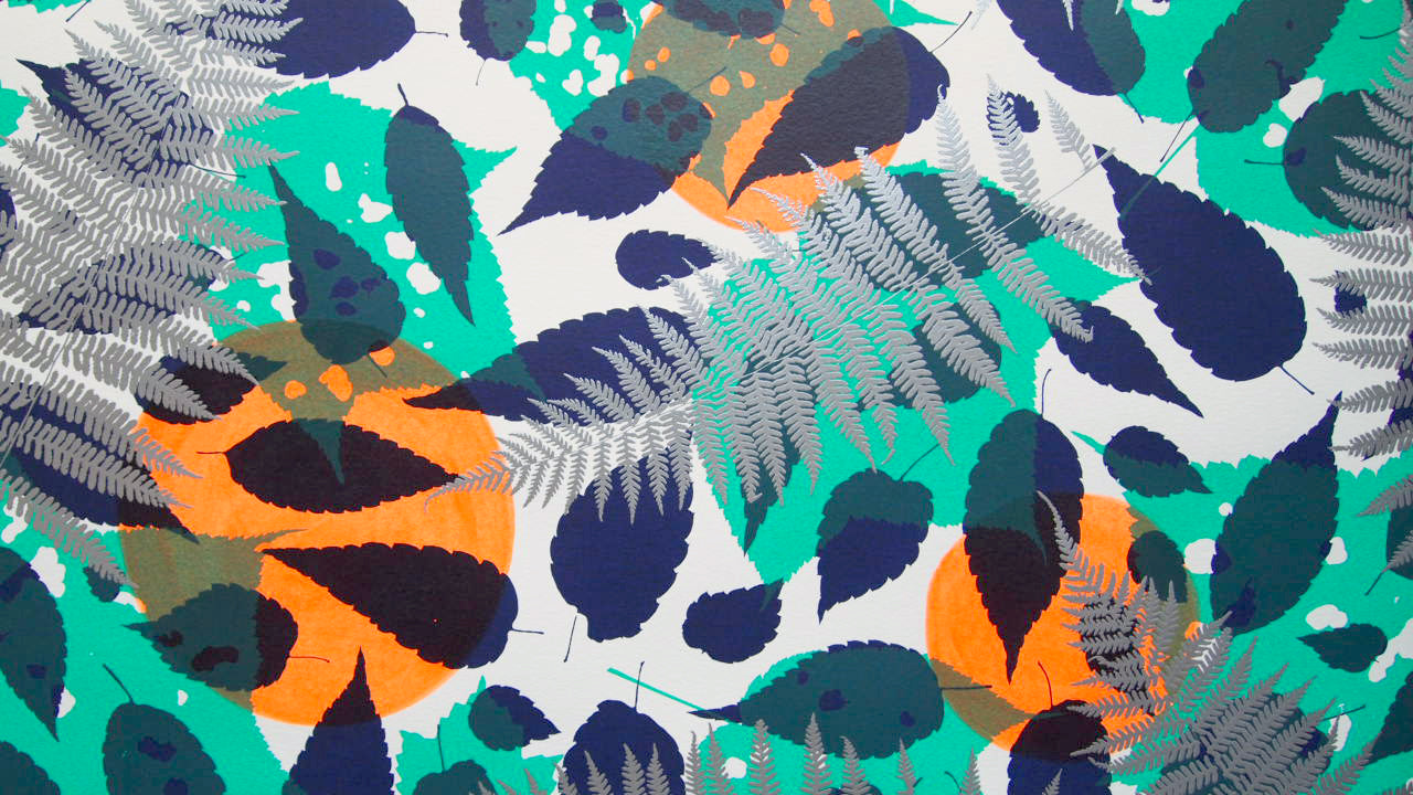 #2 Metallic Silver Fern with Navy and Teal Screenprint on Paper