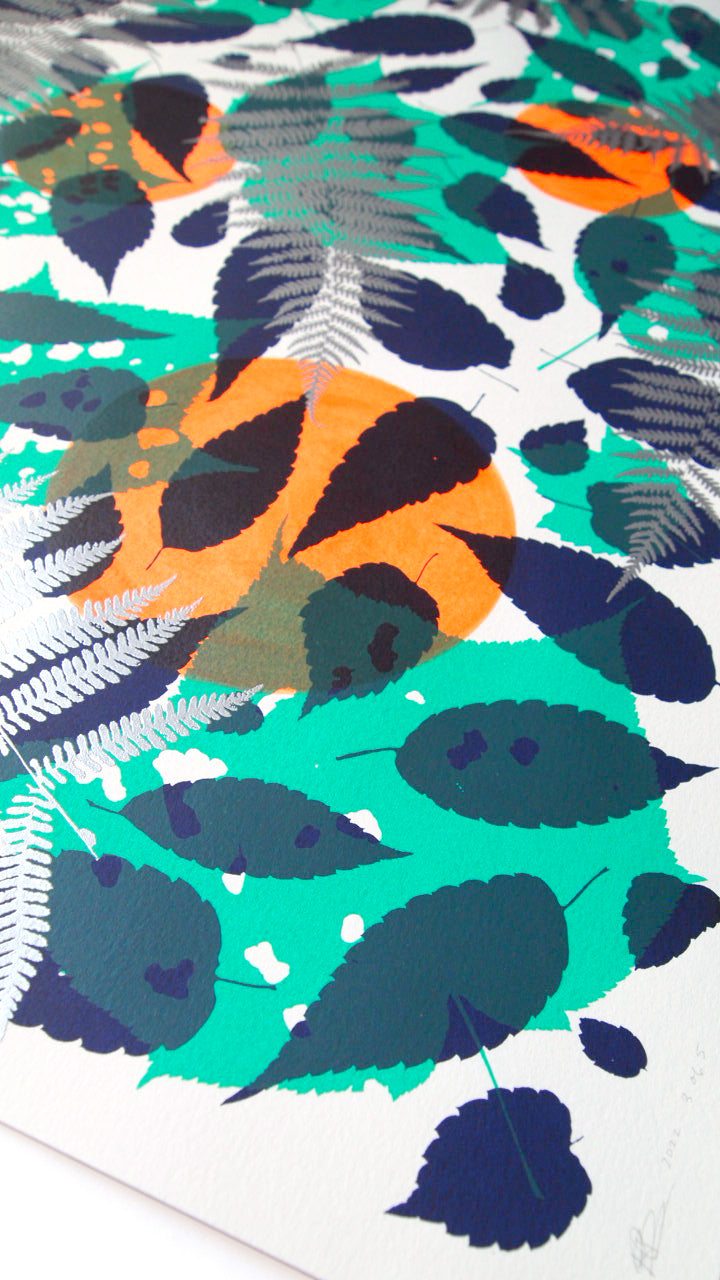 #2 Metallic Silver Fern with Navy and Teal Screenprint on Paper