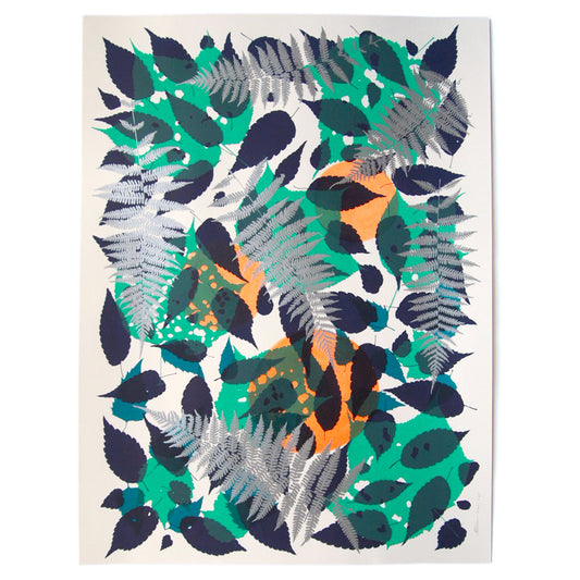 Metallic Silver Fern with Navy and Teal Screenprint on Paper