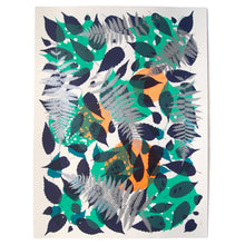 Load image into Gallery viewer, Metallic Silver Fern with Navy and Teal Screenprint on Paper