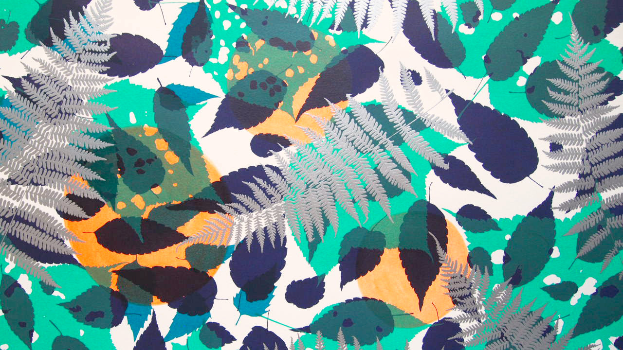 Metallic Silver Fern with Navy and Teal Screenprint on Paper