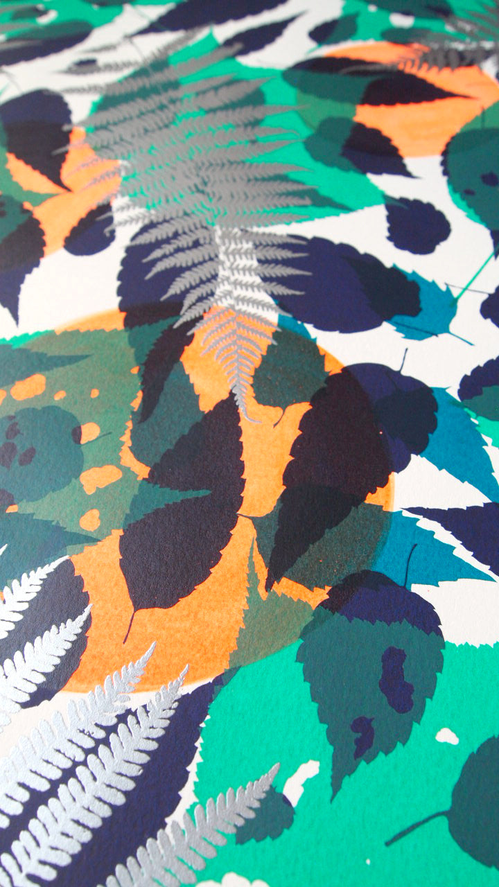 Metallic Silver Fern with Navy and Teal Screenprint on Paper