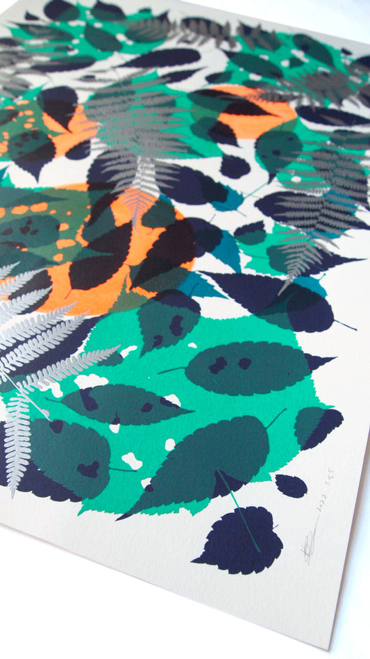 Metallic Silver Fern with Navy and Teal Screenprint on Paper